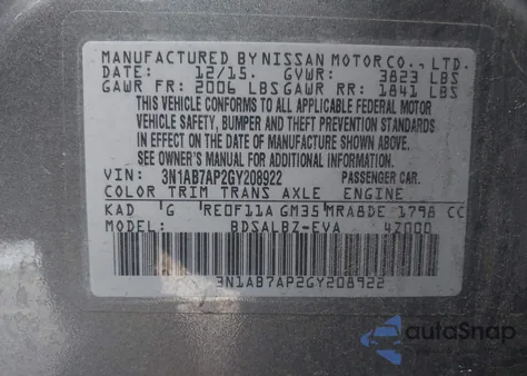 2016 Nissan Sentra S z USA, uszkodzony, nr VIN 3N1AB7AP2GY208922
